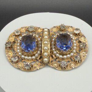 Vintage 1940s Victorian Revival Filigree Brooch Purple Glass Paste Pearls